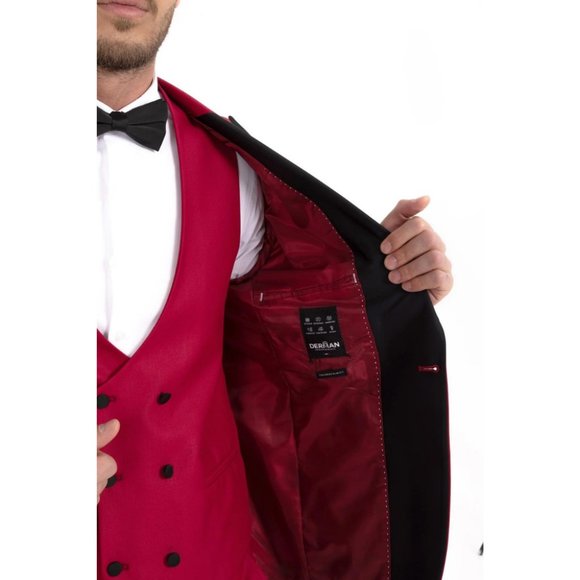 Derman Red Satin Collar 3 Piece Tuxedo - Picture 5 of 6